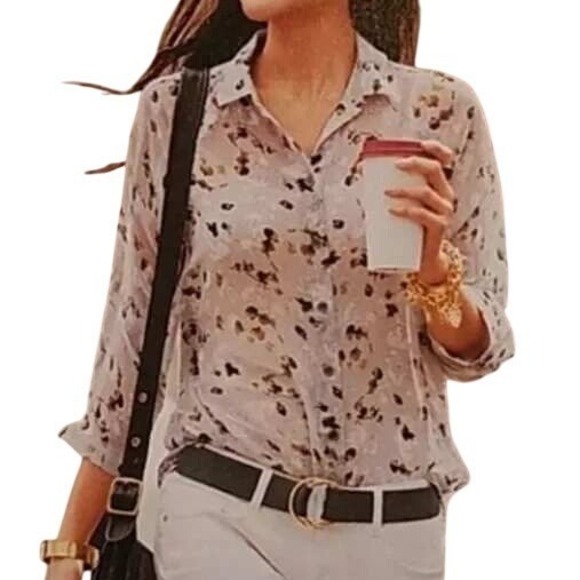 CAbi Tops - CABI women's long sleeve button up collar Matinee blouse gray floral sheer XL